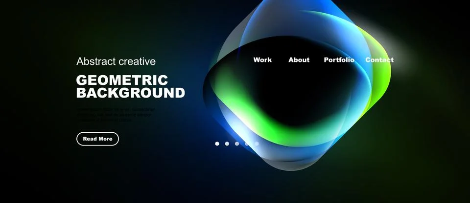 Dark website mockup features abstract geometric shapes, text, navigation menu 스톡 일러스트