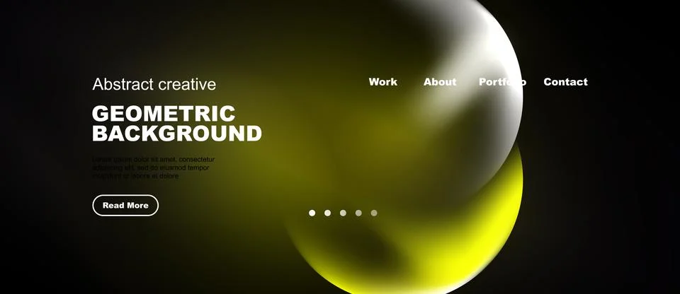 Dark website mockup features abstract shapes, gradients. Menu options include Stock Illustration