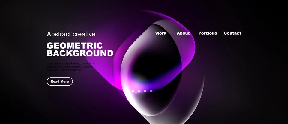 Dark website mockup features abstract purple shapes, text elements, navigatio Stock Illustration
