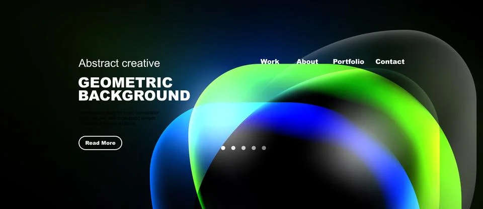 Dark website mockup features abstract fluid shapes, text elements, navigation Stock Illustration