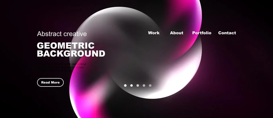 Dark website mockup features abstract shapes, text elements, navigation menu. Stock Illustration