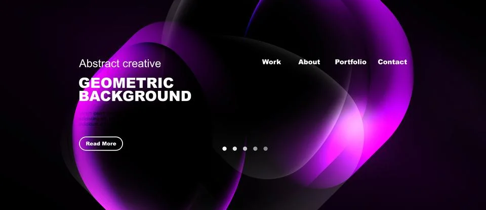 Dark website mockup features abstract shapes, text elements. Navigation inc.. Stock Illustration