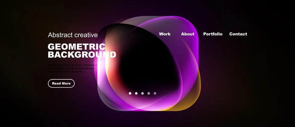 Dark website mockup features abstract shapes, text, navigation menu. Modern 스톡 일러스트