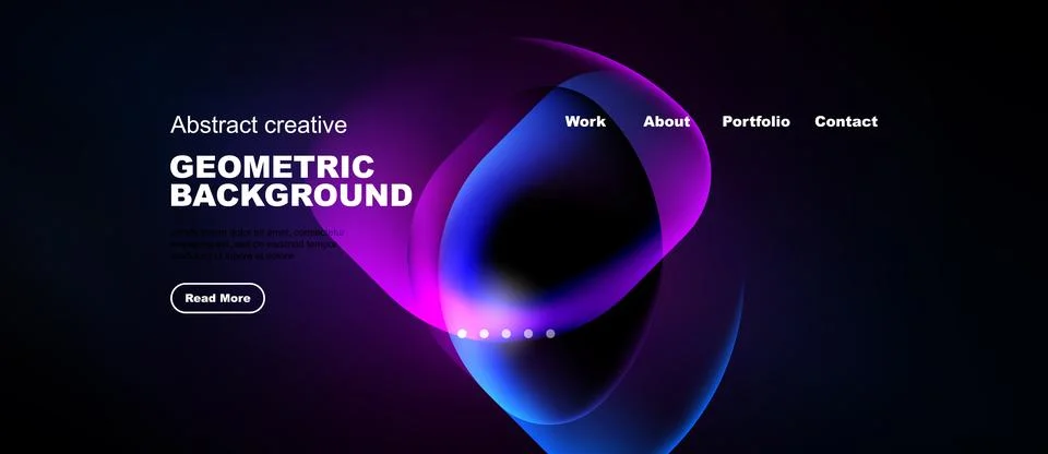 Dark website mockup features abstract shapes, vibrant colors, navigation menu Stock Illustration