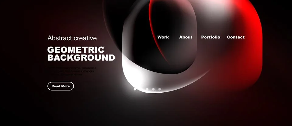 Dark website mockup features abstract shapes, text elements, navigation opt.. 库存插图