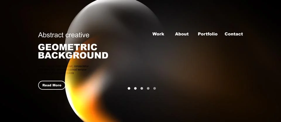 Dark website mockup features abstract shapes, text elements, navigation menu. Stock Illustration