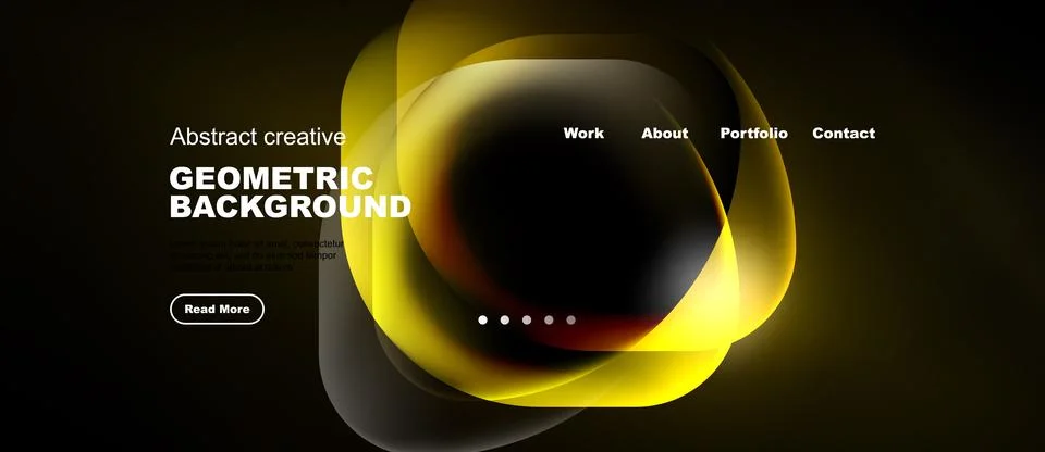 Dark website mockup features abstract yellow shapes, navigation menu, text イラスト素材