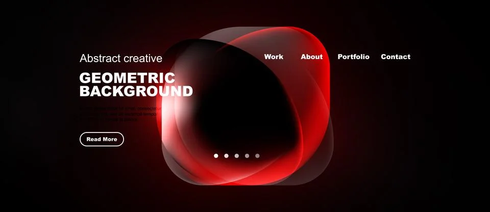 Dark website mockup features abstract red shapes, text elements, navigation.. Stock Illustration