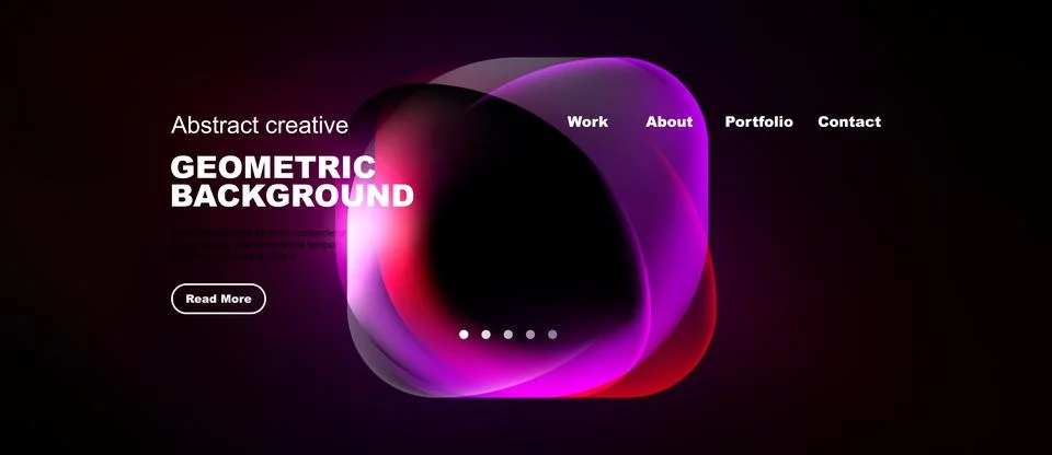 Dark website mockup features abstract shapes, text, navigation menu. Modern Stock Illustration