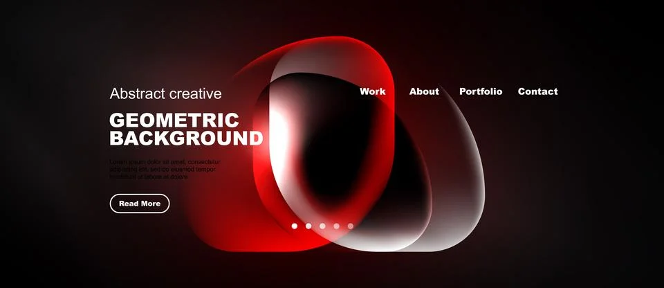 Dark website mockup features abstract red shapes, text elements, navigation.. Stock Illustration