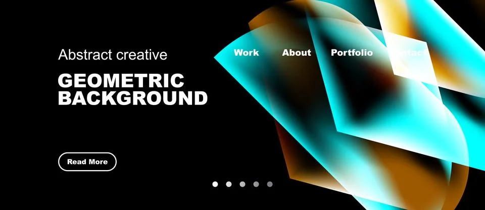 Dark website mockup features abstract geometric shapes, bright teal hues, Illustrazione stock