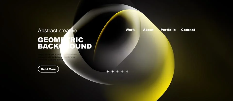 Dark website mockup features abstract yellow shapes, text elements, navigatio Stock Illustration