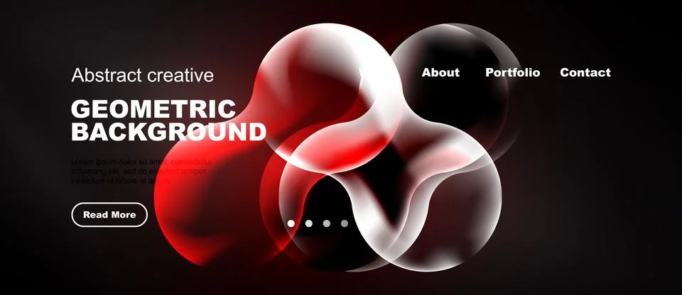 Dark website mockup features abstract red shapes. Text includes portfolio, Stock Illustration
