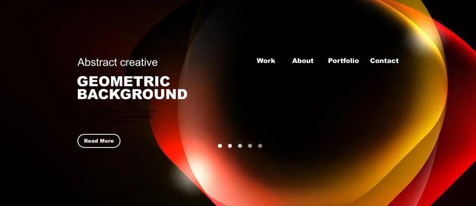 Dark website mockup features abstract geometric shapes, text elements, Stock Illustration