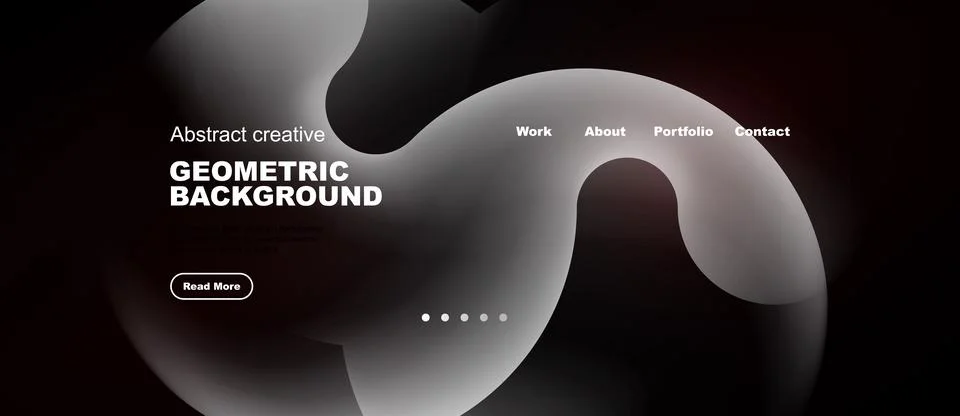 Dark website mockup features abstract shapes, text elements. Navigation inc.. Stock Illustration