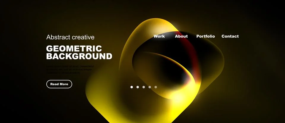 Dark website mockup features abstract yellow shapes, text elements, navigatio Illustrazione stock