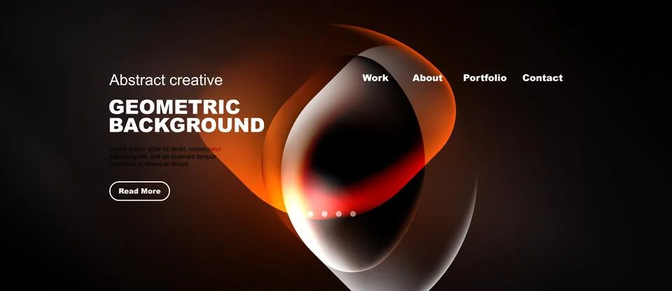 Dark website mockup features abstract orange swirl, text elements, navigation Illustrazione stock
