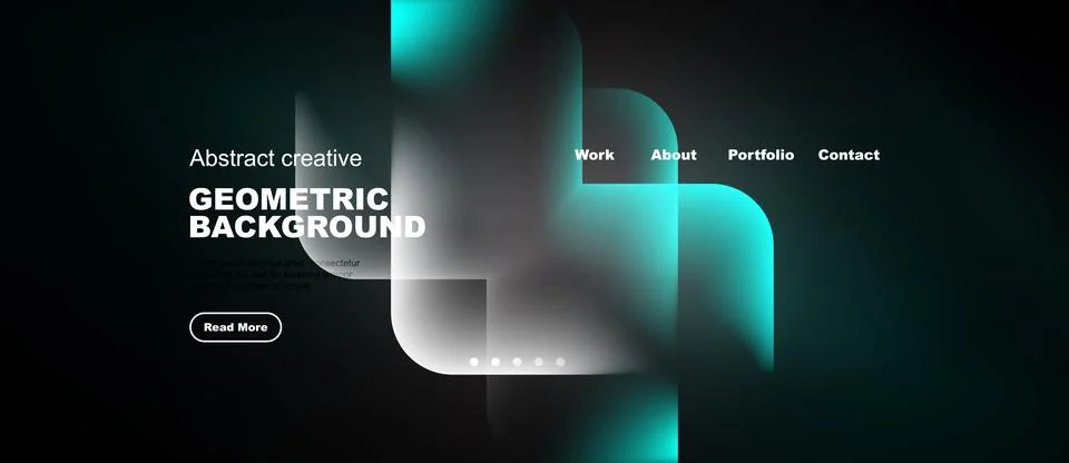 Dark website mockup features abstract geometric shapes, teal accents. Text イラスト素材