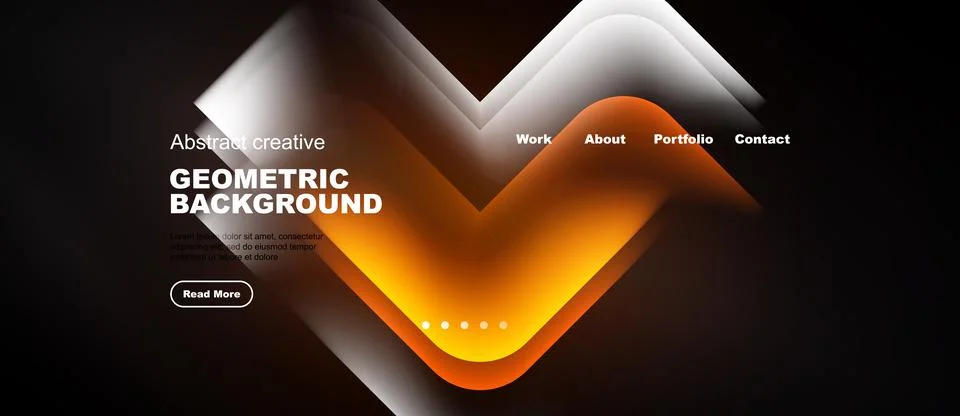 Dark website mockup features abstract geometric shapes, text elements, Stock Illustration