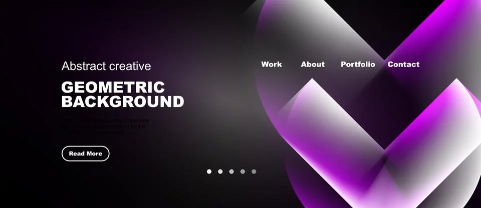 Dark website mockup features abstract shapes, text elements, navigation menu. 库存插图