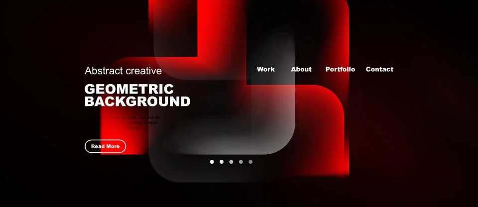 Dark website mockup features abstract red geometric shapes. Navigation includ イラスト素材