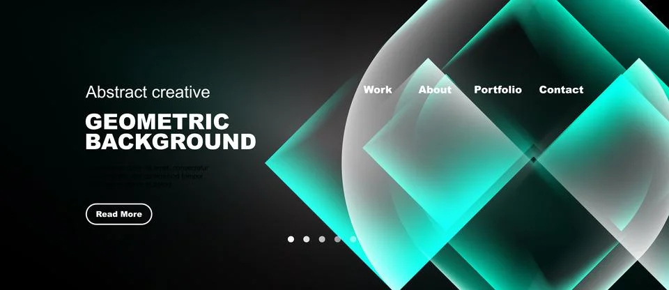 Dark website mockup features abstract geometric shapes, text elements, Stock Illustration