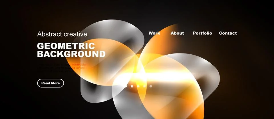 Dark website mockup features abstract geometric shapes, orange hues, navigati Stock Illustration