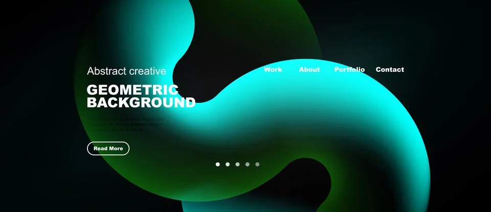 Dark website mockup features abstract geometric shapes, vibrant teal hues, Stock Illustration