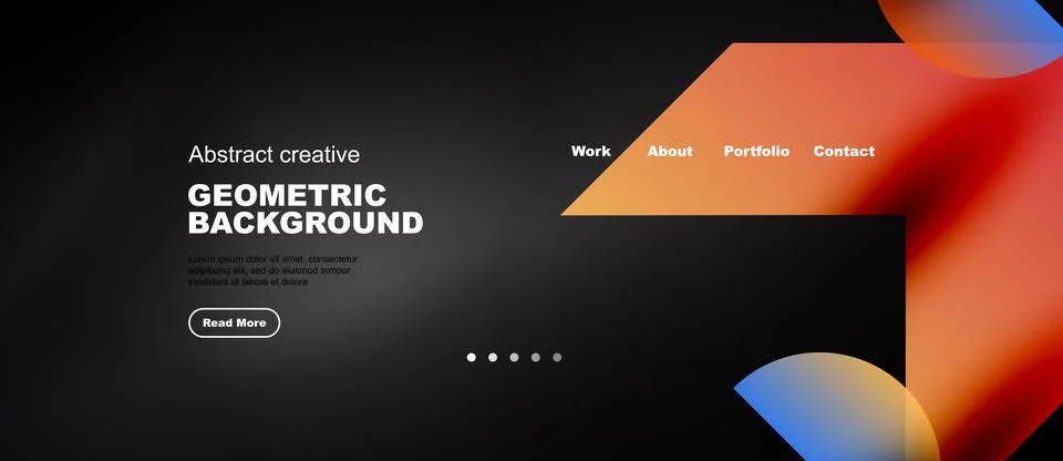 Dark website mockup features abstract shapes, text elements, navigation menu. Stock Illustration