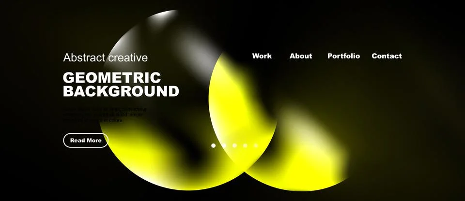 Dark website mockup features bright yellow abstract shapes, text elements, Illustrazione stock