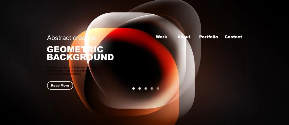 Dark website mockup features flowing shapes, text elements, navigation menu. イラスト素材