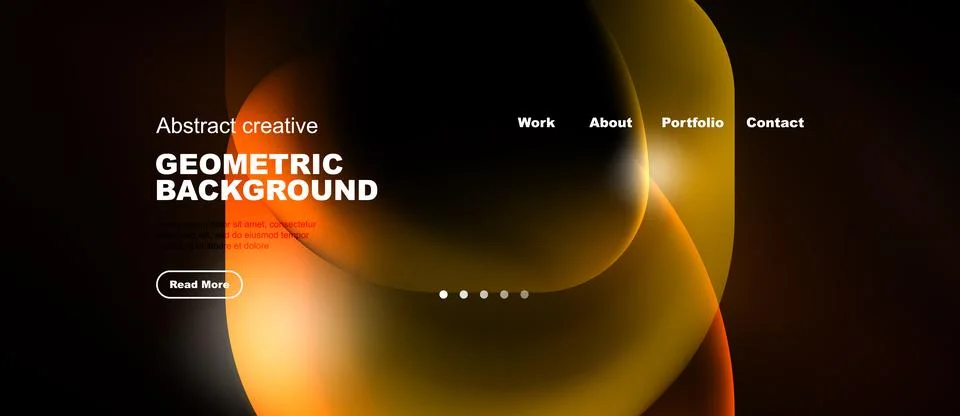 Dark website mockup features fluid orange shapes, text elements, navigation.. Stock Illustration