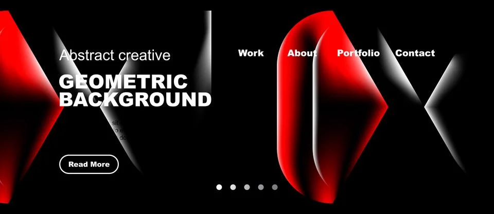 Dark website mockup features geometric shapes, red accents, white text. Illustrazione stock