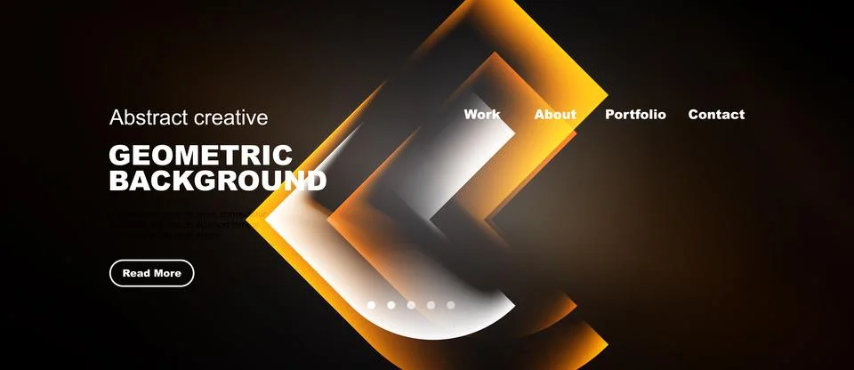 Dark website mockup features geometric shapes, orange gradients, navigation.. Illustrazione stock