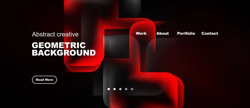 Dark website mockup features geometric shapes, red highlights, navigation men Stock Illustration