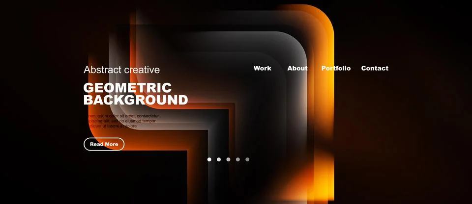 Dark website mockup features layered orange shapes. Text highlights work, a.. Stock Illustration
