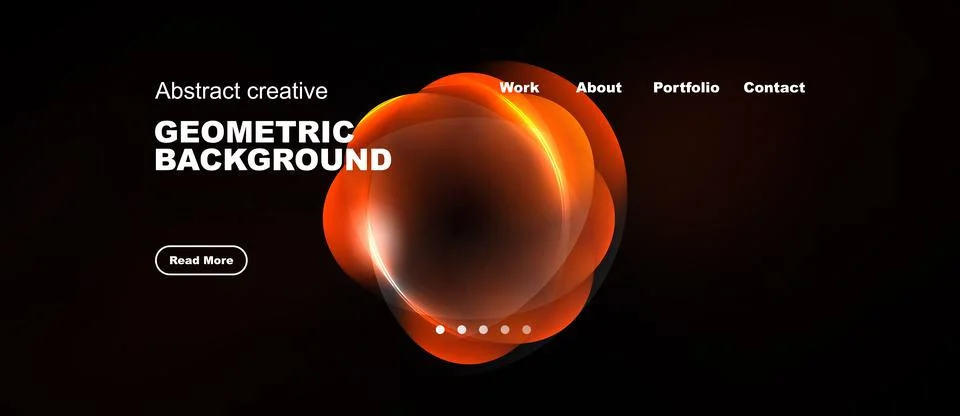Dark website mockup features orange abstract shapes, text elements, navigatio Stock-Illustration