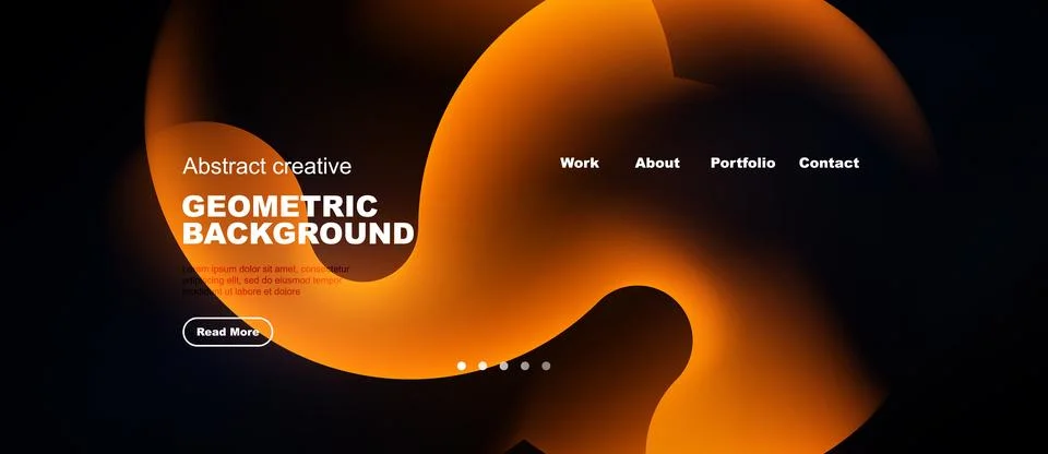 Dark website mockup features orange abstract shapes, text elements, navigatio イラスト素材