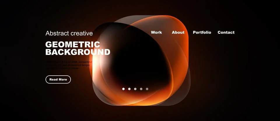Dark website mockup features orange abstract shapes, text elements, navigatio イラスト素材