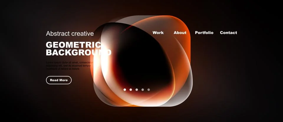 Dark website mockup features orange abstract shapes, text, navigation menu. イラスト素材