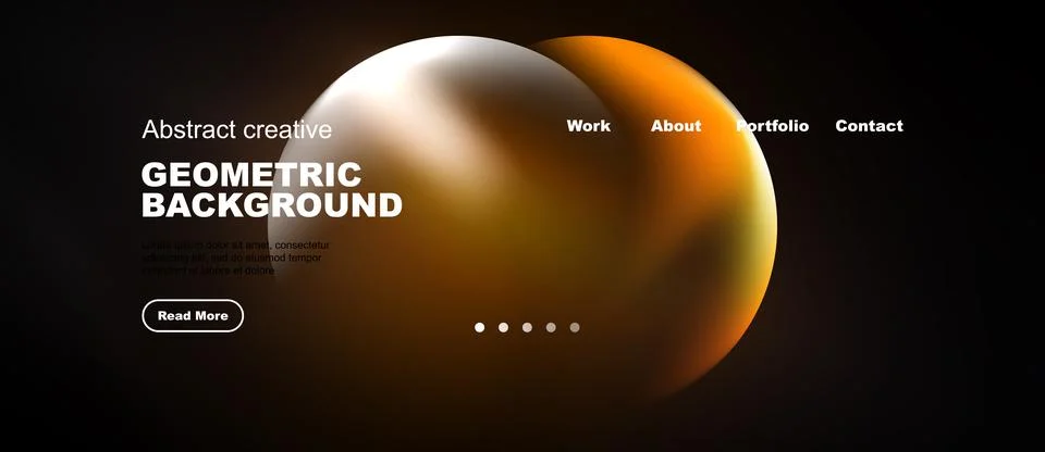 Dark website mockup features orange sphere, text elements. Navigation include Stock Illustration