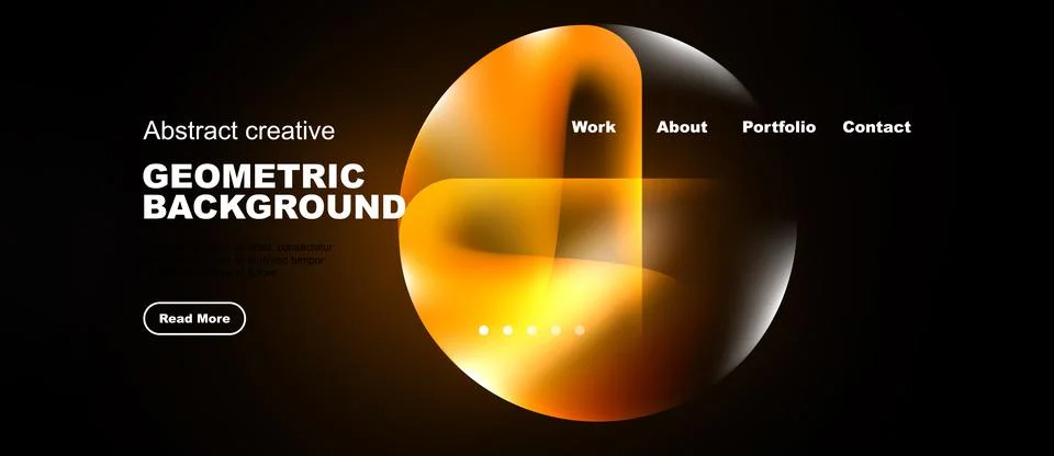 Dark website mockup features orange sphere, text elements. Minimalist design Stock Illustration