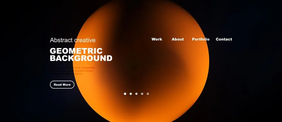 Dark website mockup features orange oval shape. Text details include work, .. Stock Illustration