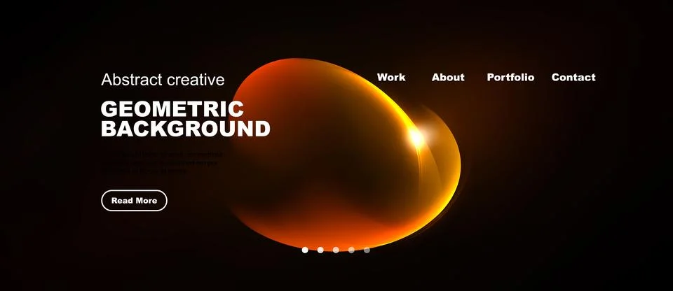 Dark website mockup features orange geometric shapes, text elements, navigati Stock Illustration