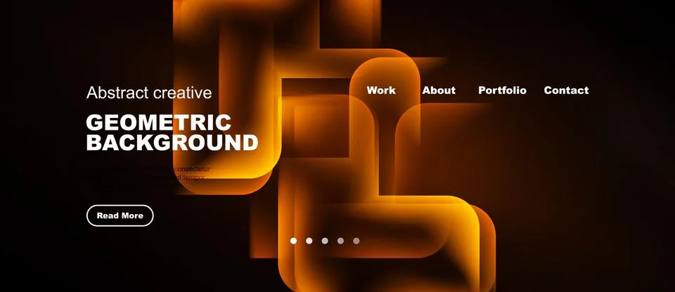 Dark website mockup features orange geometric shapes. Text includes abstract イラスト素材