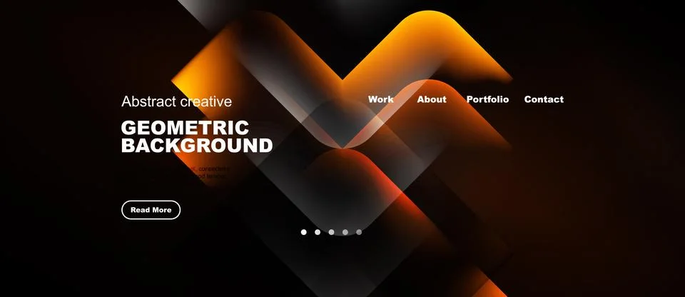 Dark website mockup features orange geometric shapes. Navigation includes wor Stock Illustration