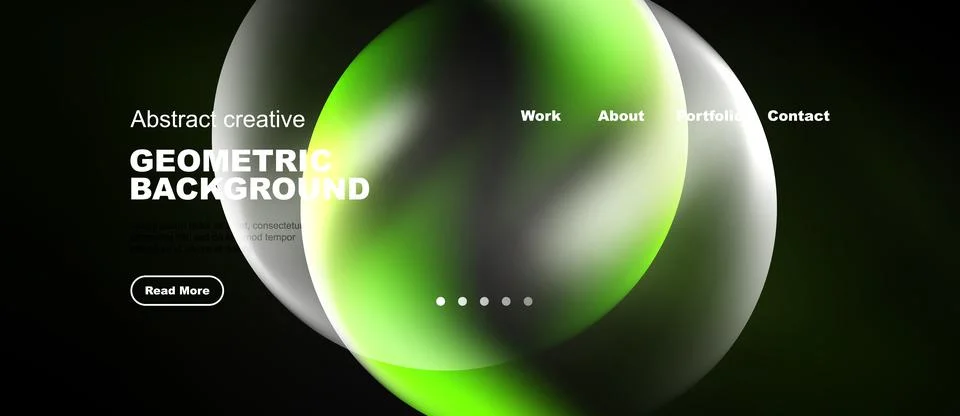 Dark website mockup features overlapping translucent circles. Text elements Stock Illustration