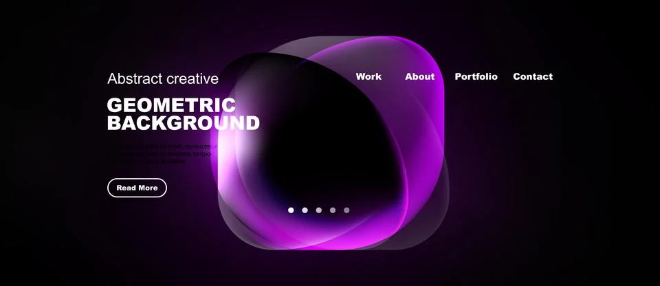Dark website mockup features purple abstract shapes, text elements, navigatio 库存插图