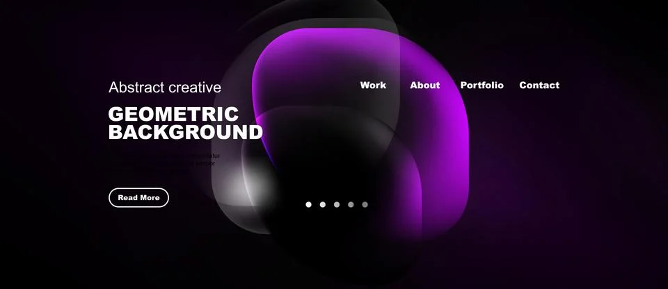 Dark website mockup features purple abstract shapes, text elements, navigatio Illustrazione stock