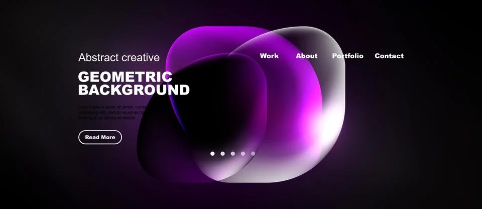 Dark website mockup features purple abstract shapes, text elements, navigatio Stock Illustration